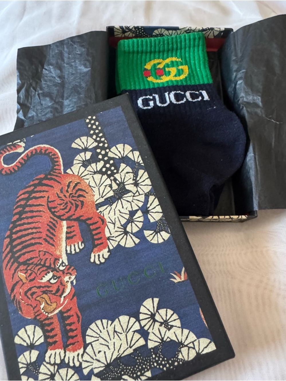 Gucci Deep Navy Crew Socks with Green Cuff and Yellow GG iconic logo -New in box
